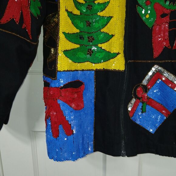VINTAGE MODI DENIM Sequin Christmas Holiday Ugly Sweater Jacket L 10/12 80s 90s - Picture 7 of 16
